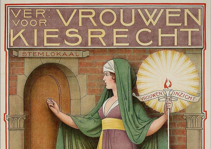 Theo Molkenboer - Affiche:"Vereeniging voor Vrouwenkiesrecht. Laat mij binnen - ik breng nieuw licht."